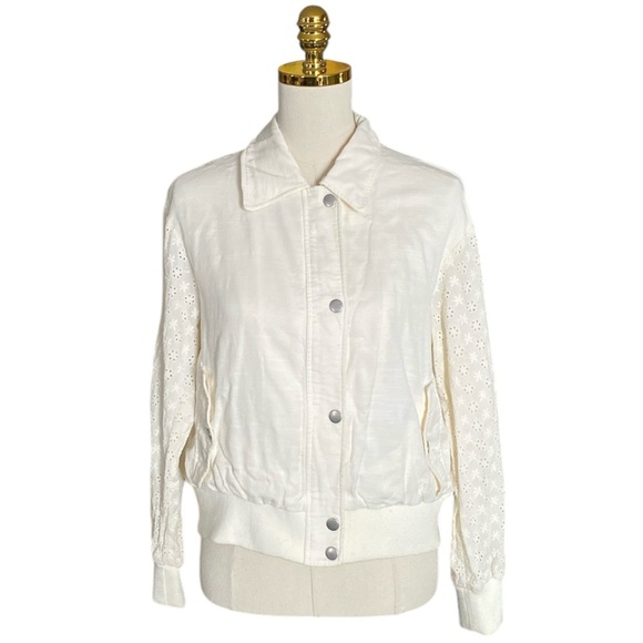 7 FOR ALL MANKIND Women's Off-White Zip-Up Eyelet Sleeves Bomber Jacket Size S - Picture 1 of 8